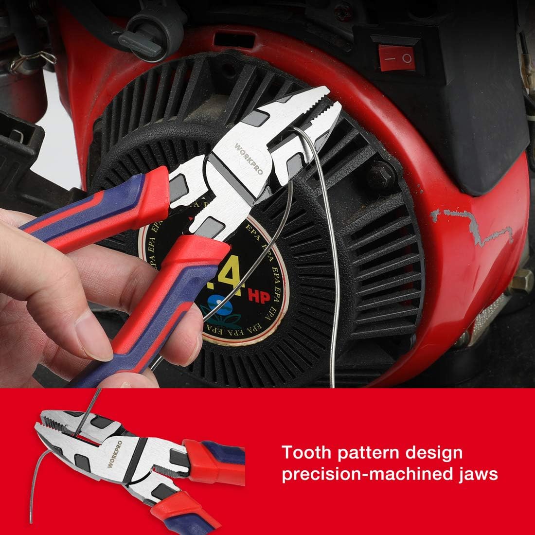 Hand holding linesman pliers while cutting or gripping a thin wire coil