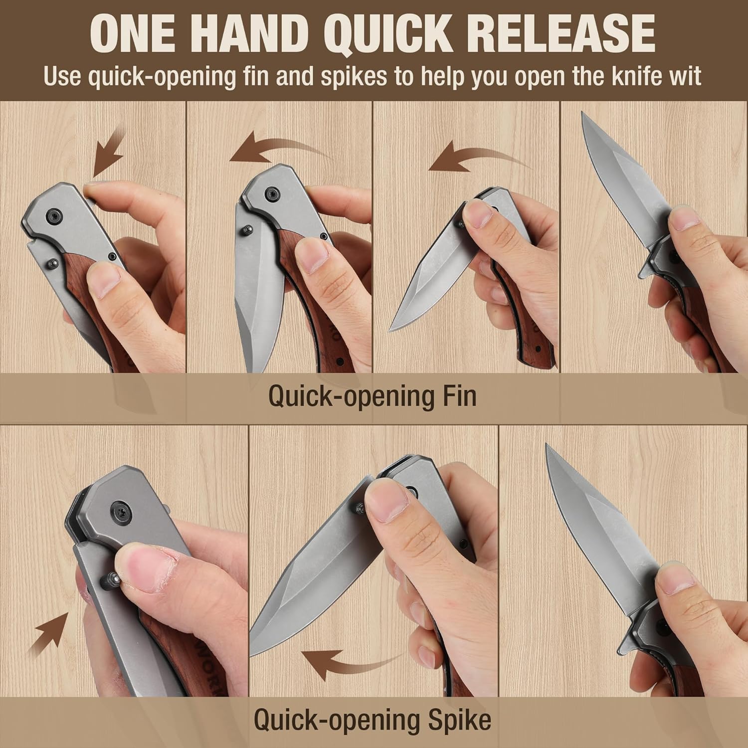 Folding knife with quick-release opening and rosewood scales