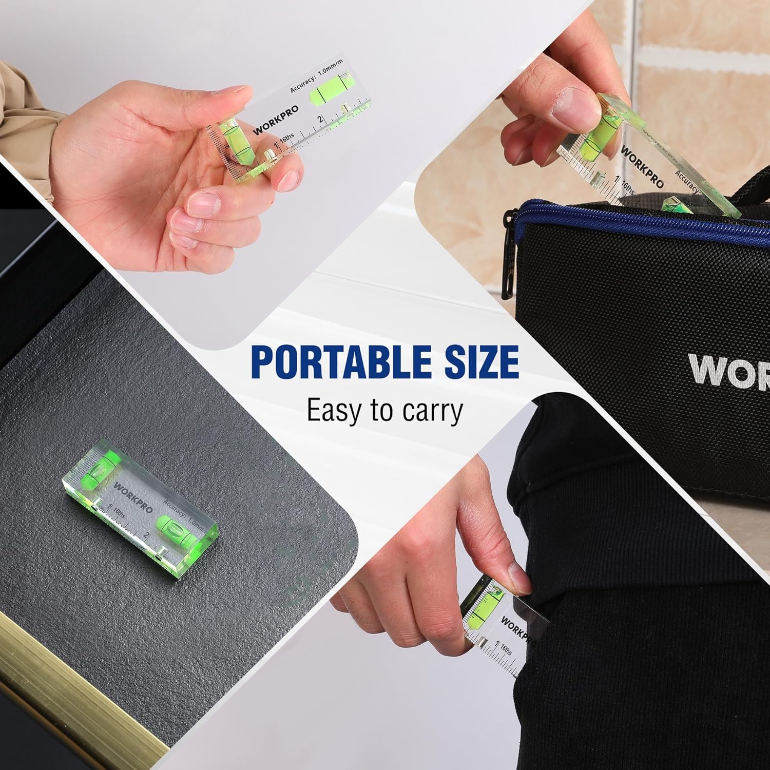 WORKPRO pocket mini level with green bubble vials in a compact, carry-ready size