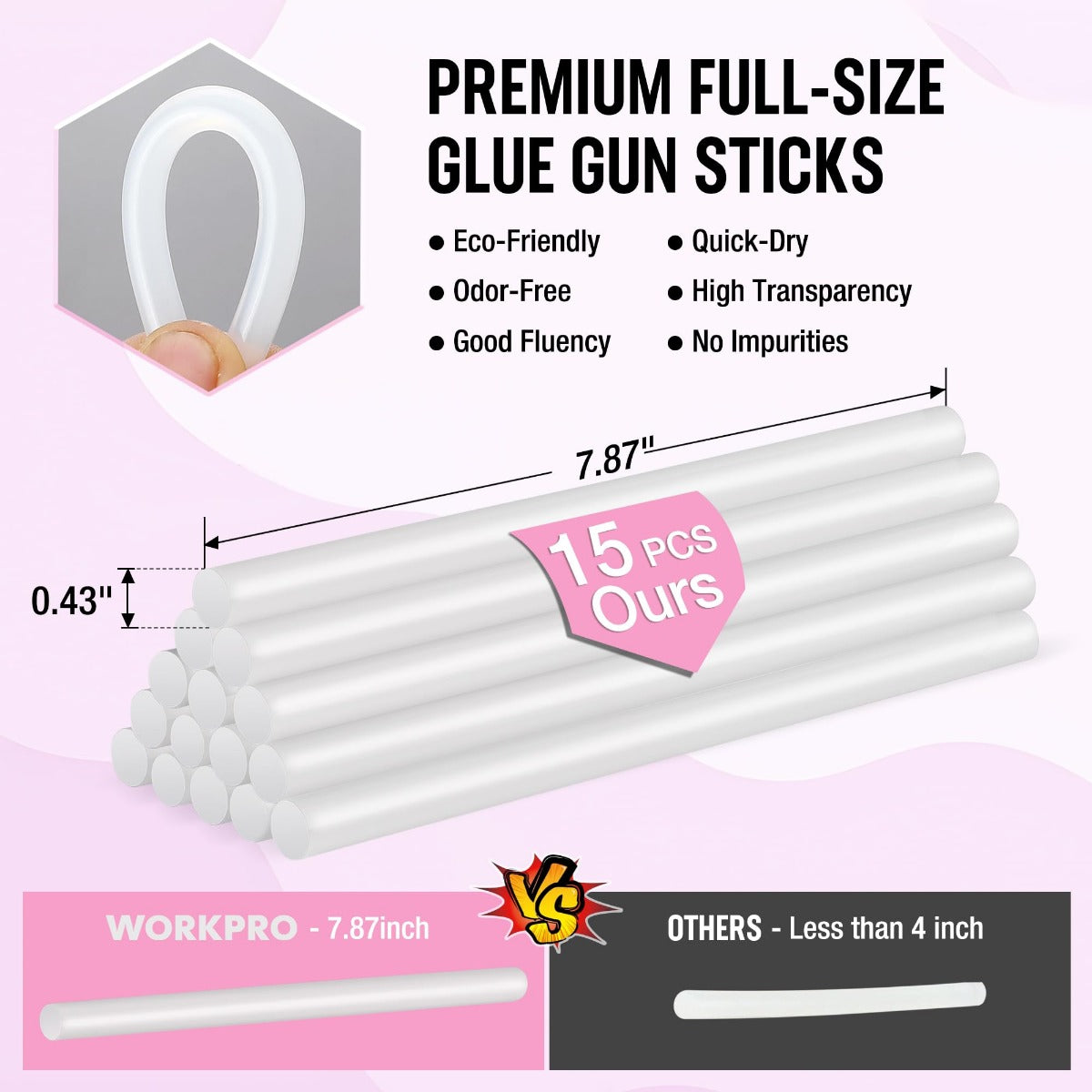 Clear full-size hot glue sticks bundle next to measurements and 15 pieces