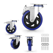 Set of 4 swivel caster wheels with brakes, blue PU wheels, steel frames