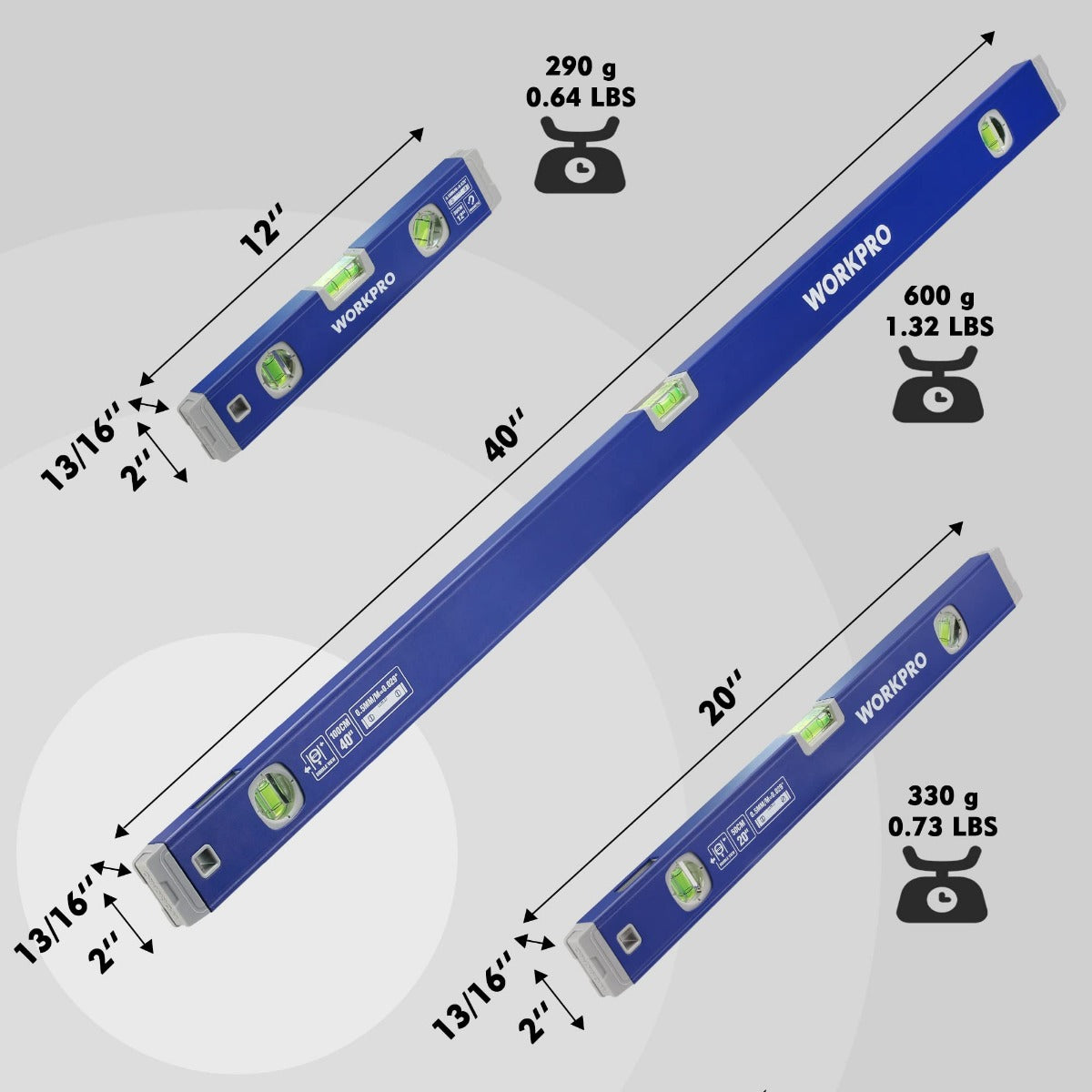 Three blue spirit levels of different lengths with green vials and measurement markings