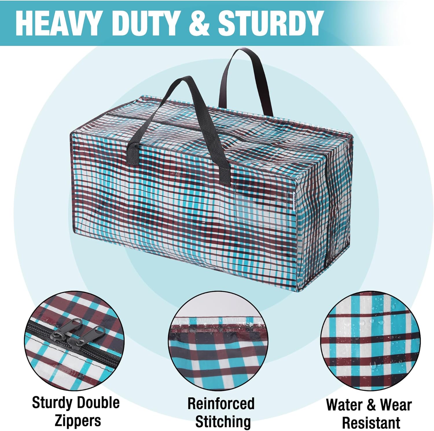 Extra large plaid moving storage tote with double zippers and two carry handles