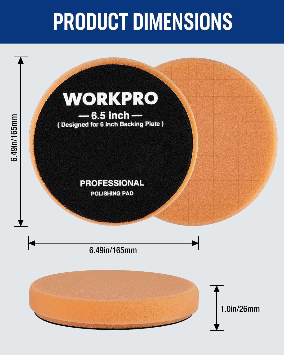 6.5-inch polishing sponge pad set with orange and black foam discs, with size shown.