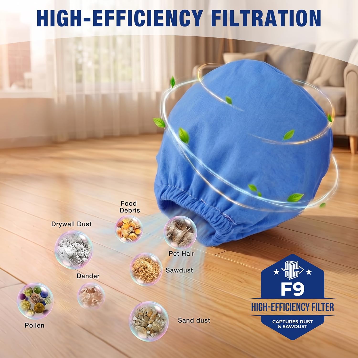 Blue non-woven vacuum filter bag with elastic top band, used for dust capture