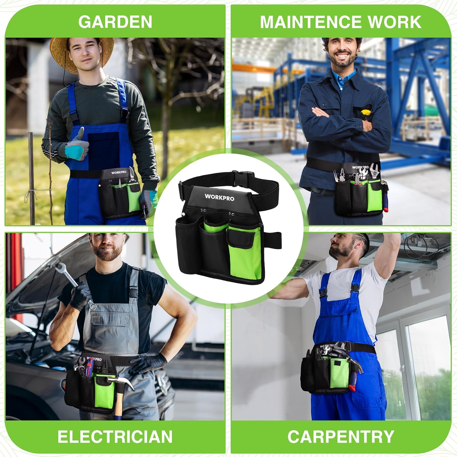 Garden and carpentry tool belt pouch, black with neon green pockets and secure waist strap
