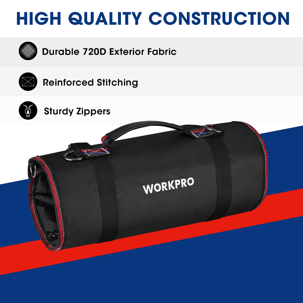 Black WORKPRO tool roll bag with carrying handle, red-trimmed edges, and top straps