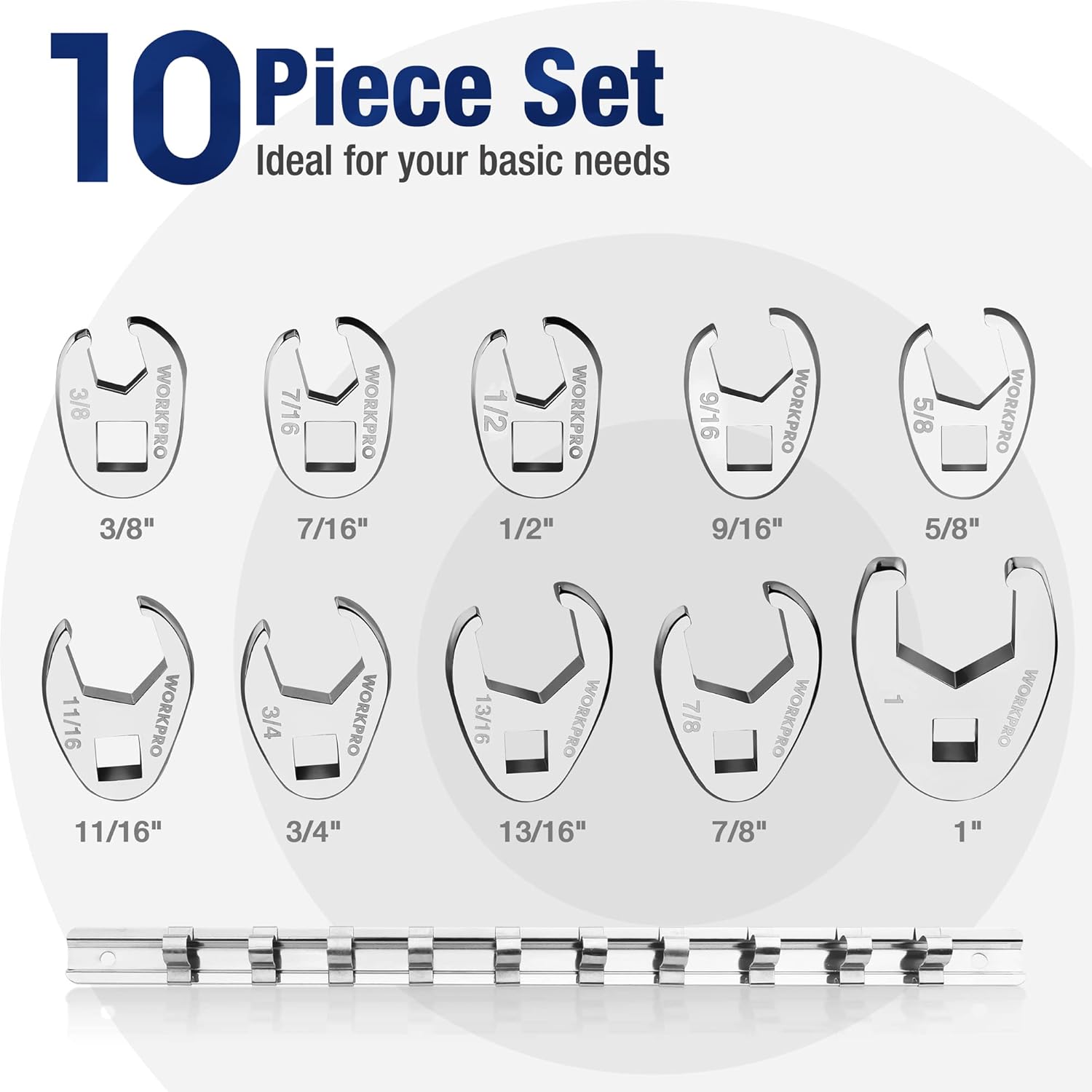 10-piece crowfoot flare nut wrench set with SAE size markings, chrome finish