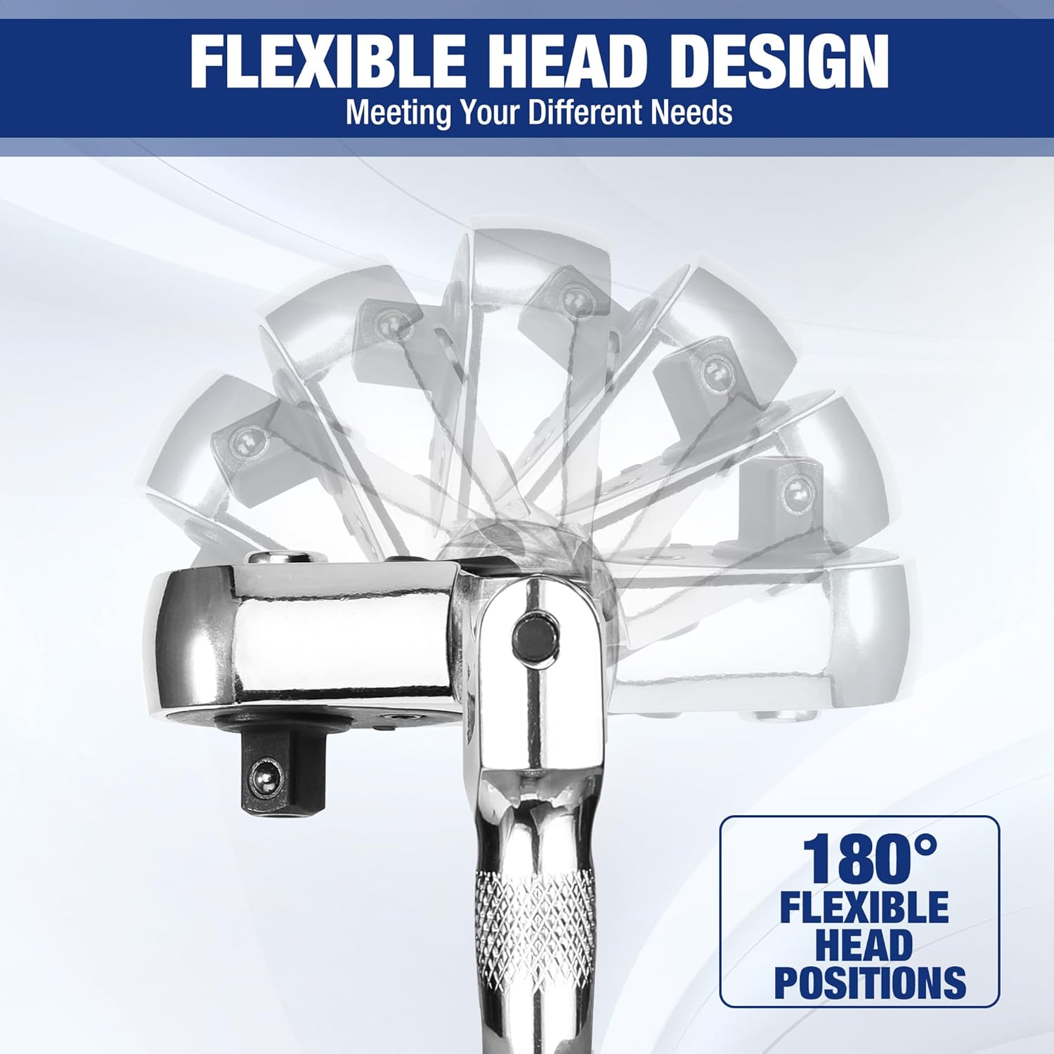 Chrome flex-head ratchet wrench with multiple socket points for tight-access fastening