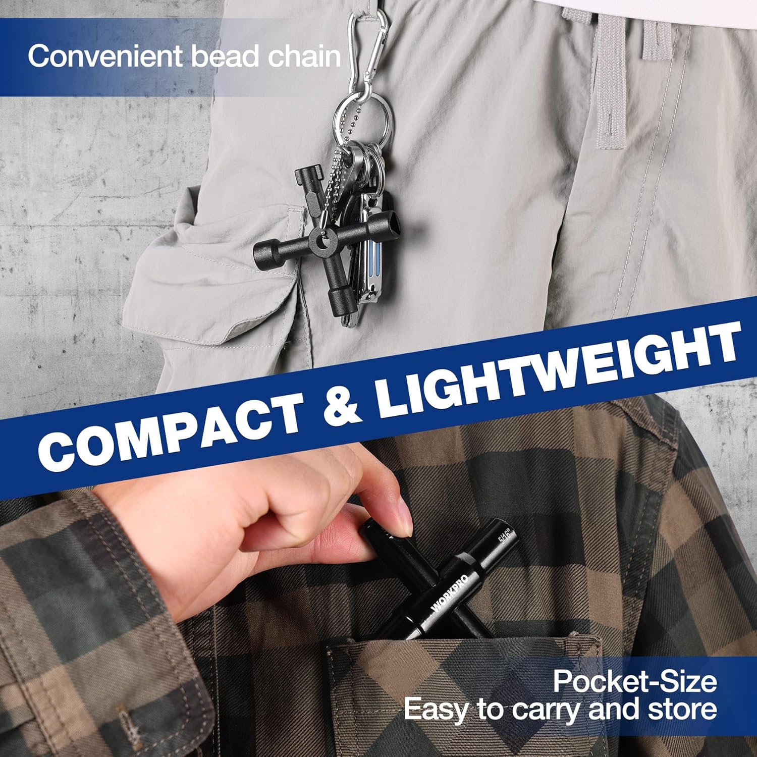 Compact black water valve key wrench with bead chain for easy pocket carrying