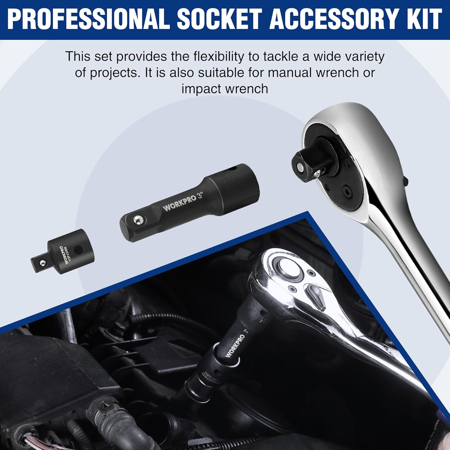 Black 1/2-in drive socket accessory kit with extension bars and swivel adapter