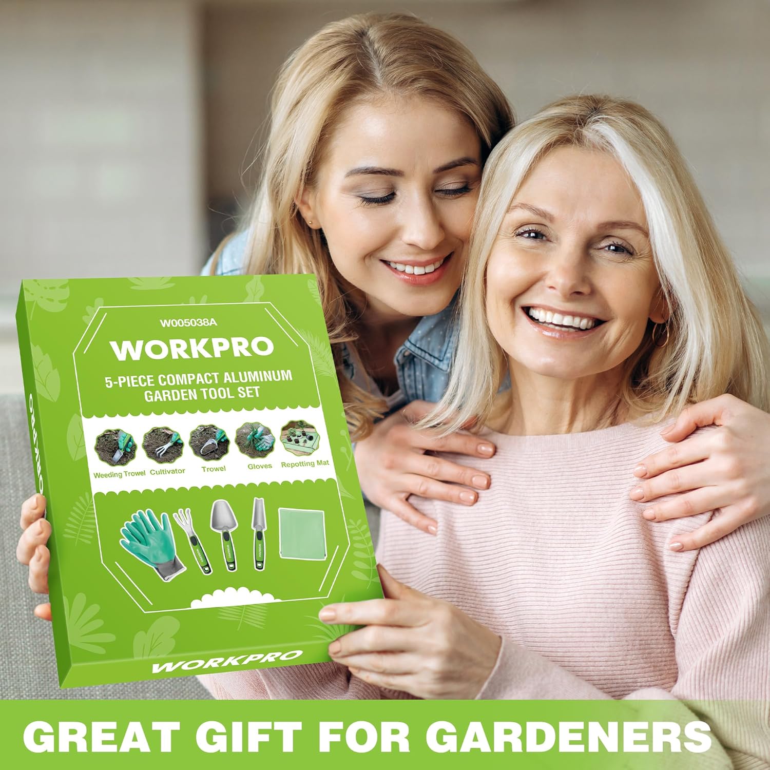 WORKPRO 5-piece aluminum garden tool set package with green gloves and hand tools