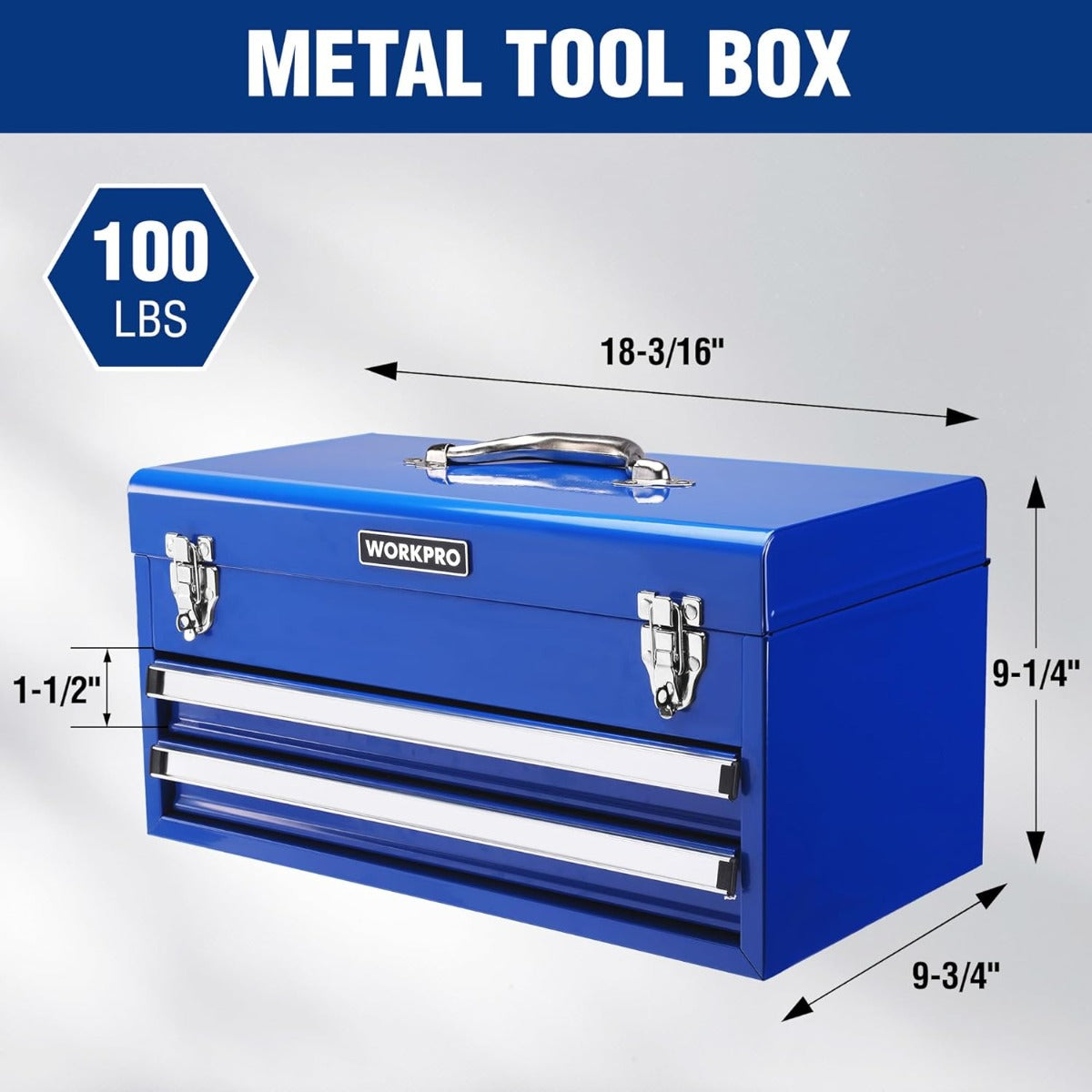 Blue WORKPRO portable metal tool box with 2 drawers, top storage, and front latch locks