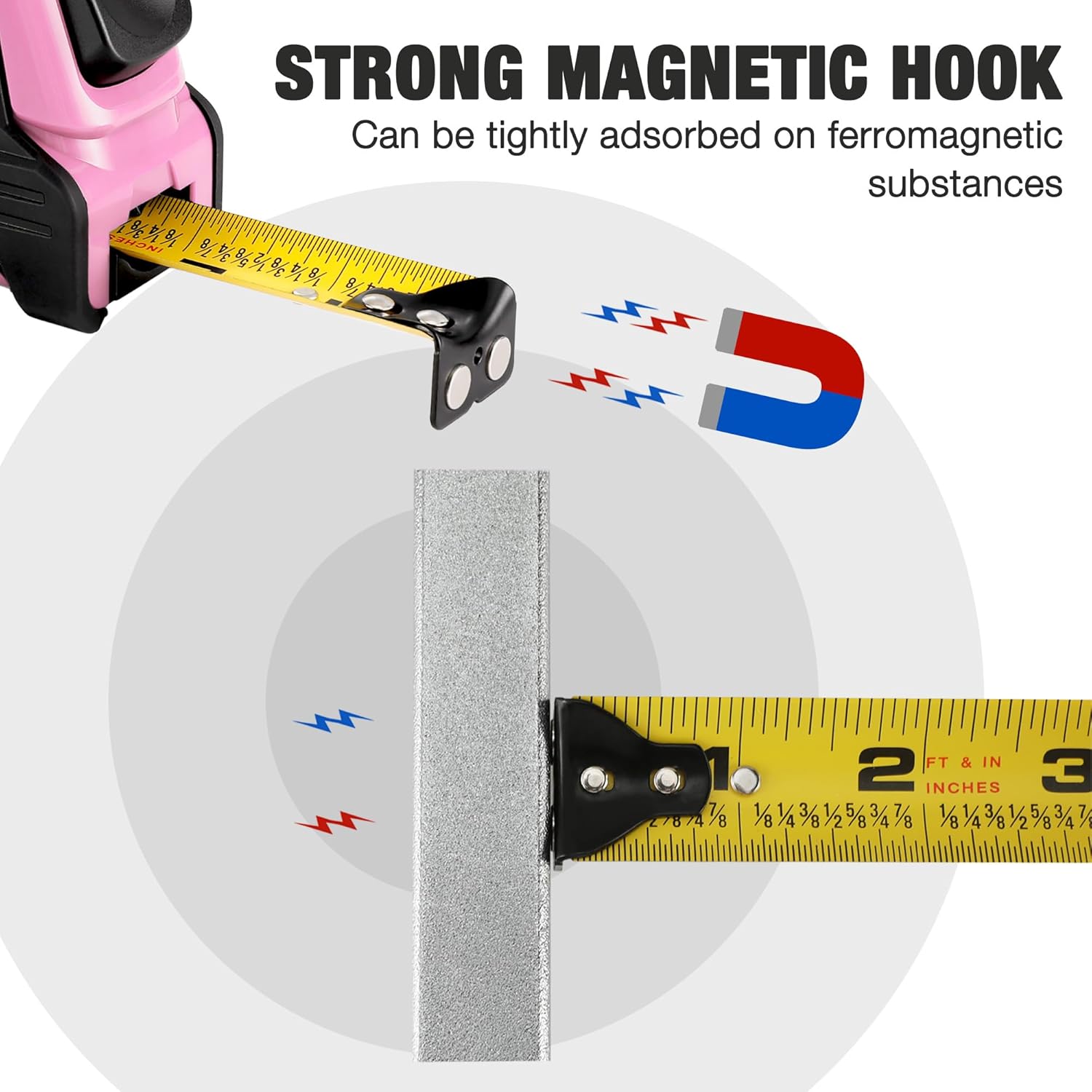WORKPRO pink tape measure with strong magnetic hook attaching to metal surface