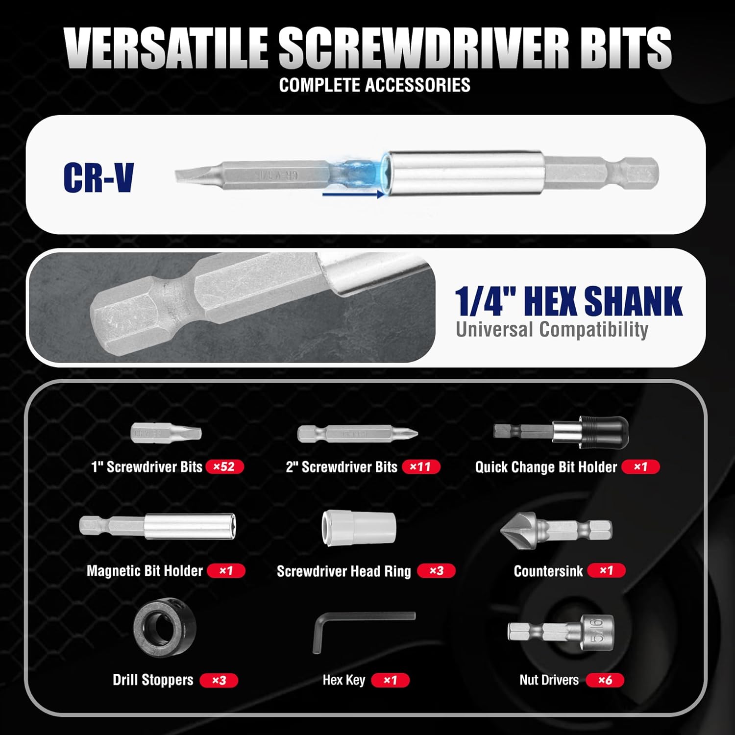 1/4 in hex shank screwdriver bits set with quick change magnetic bit holder