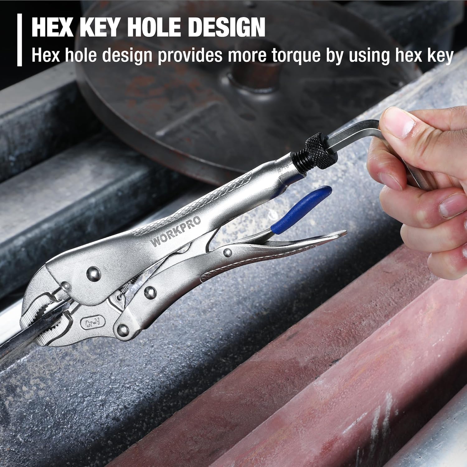 Locking pliers with hex key hole design and Allen key inserted for more torque