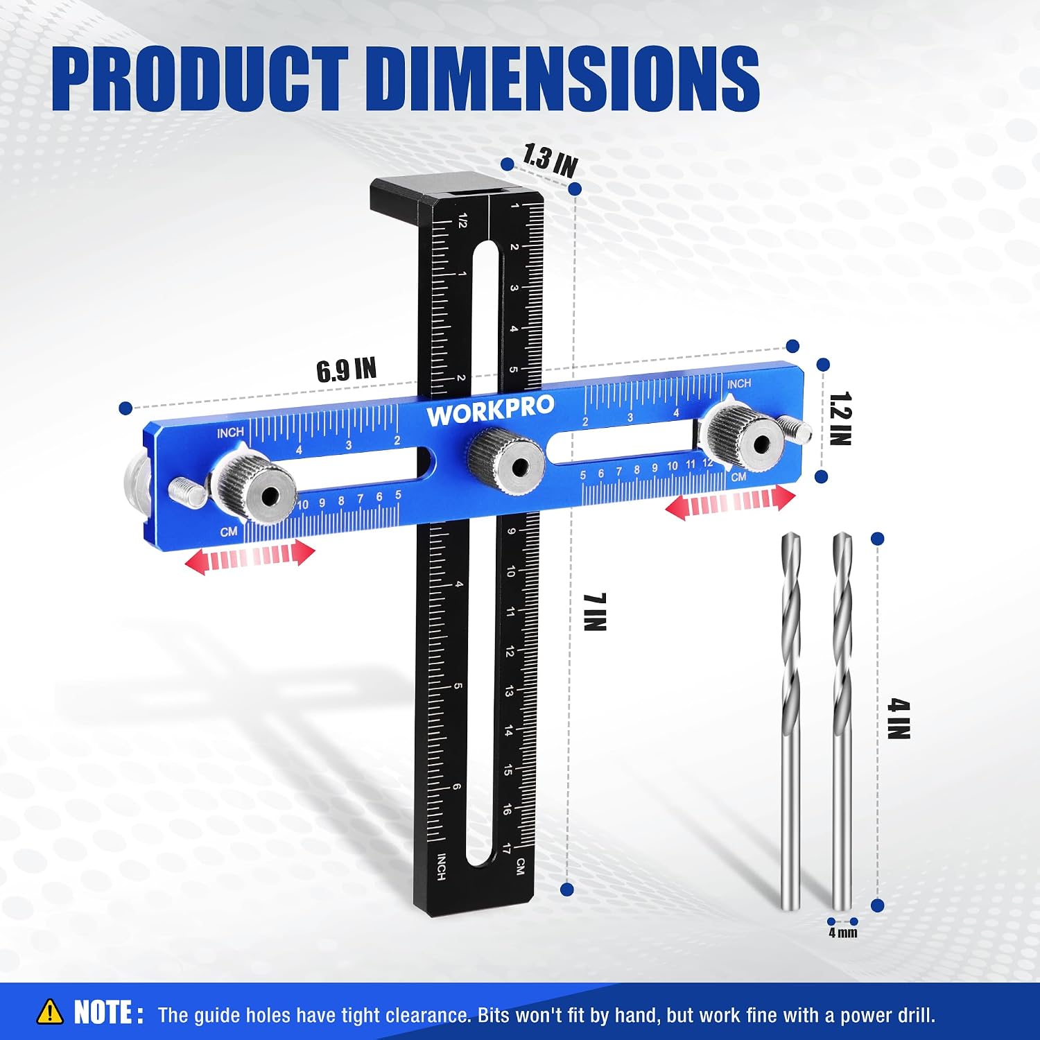 Blue aluminum cabinet hardware jig with dual scales and adjustable drill guide