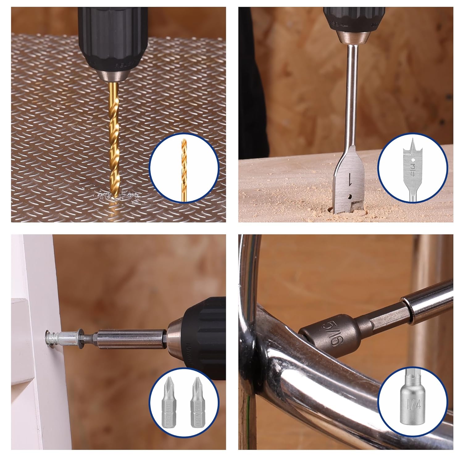 Close-up of 1/4-inch hex-shank drill and screwdriver bit tips