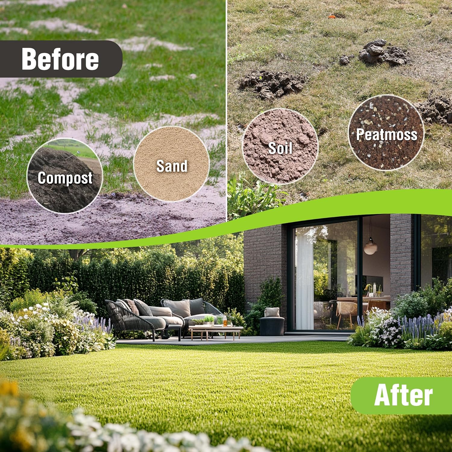 Lawn leveling rake before-and-after graphic for leveling sand, soil, and lawn