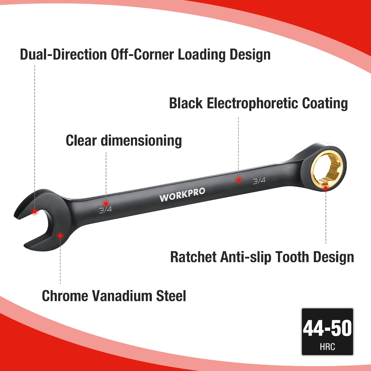 Black ratcheting combination wrench, 3/4 in, anti-slip toothed head