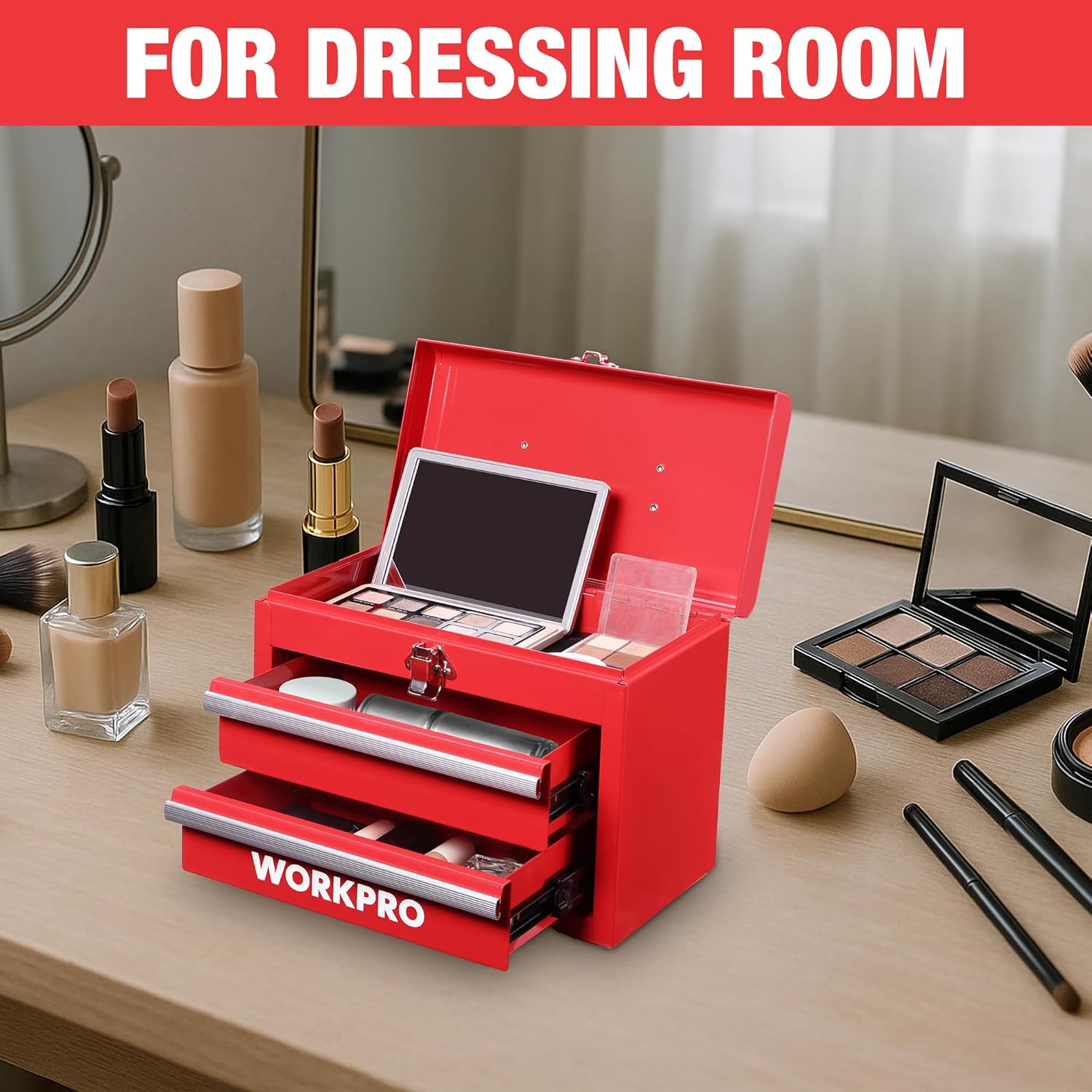 Red mini tool chest open with two sliding drawers and top latch