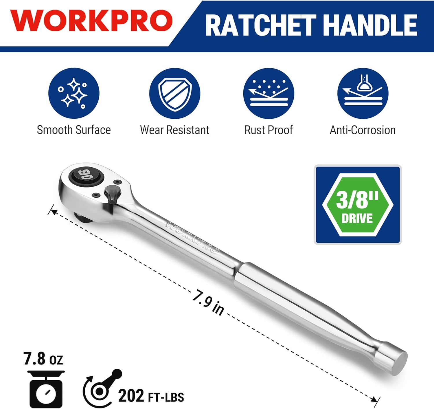 WORKPRO 3/8-in drive low-profile ratchet wrench, polished chrome with quick-release head