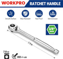 WORKPRO Low-Profile 3/8-Inch Drive Ratchet, 90-Tooth Quick-Release Ratchet Wrench, Reversible, 4° Swing, CR-MO Compact Drive Head, Full Polished, Gifts for Men
