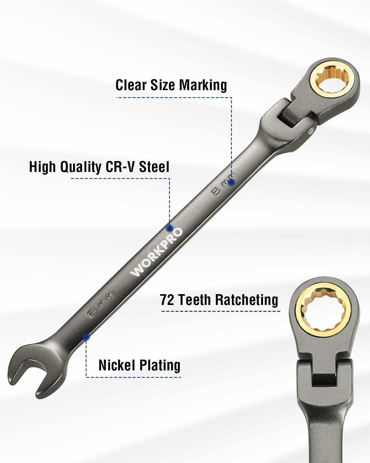 8 mm flex-head ratcheting combination wrench, nickel-plated 12-point open-end