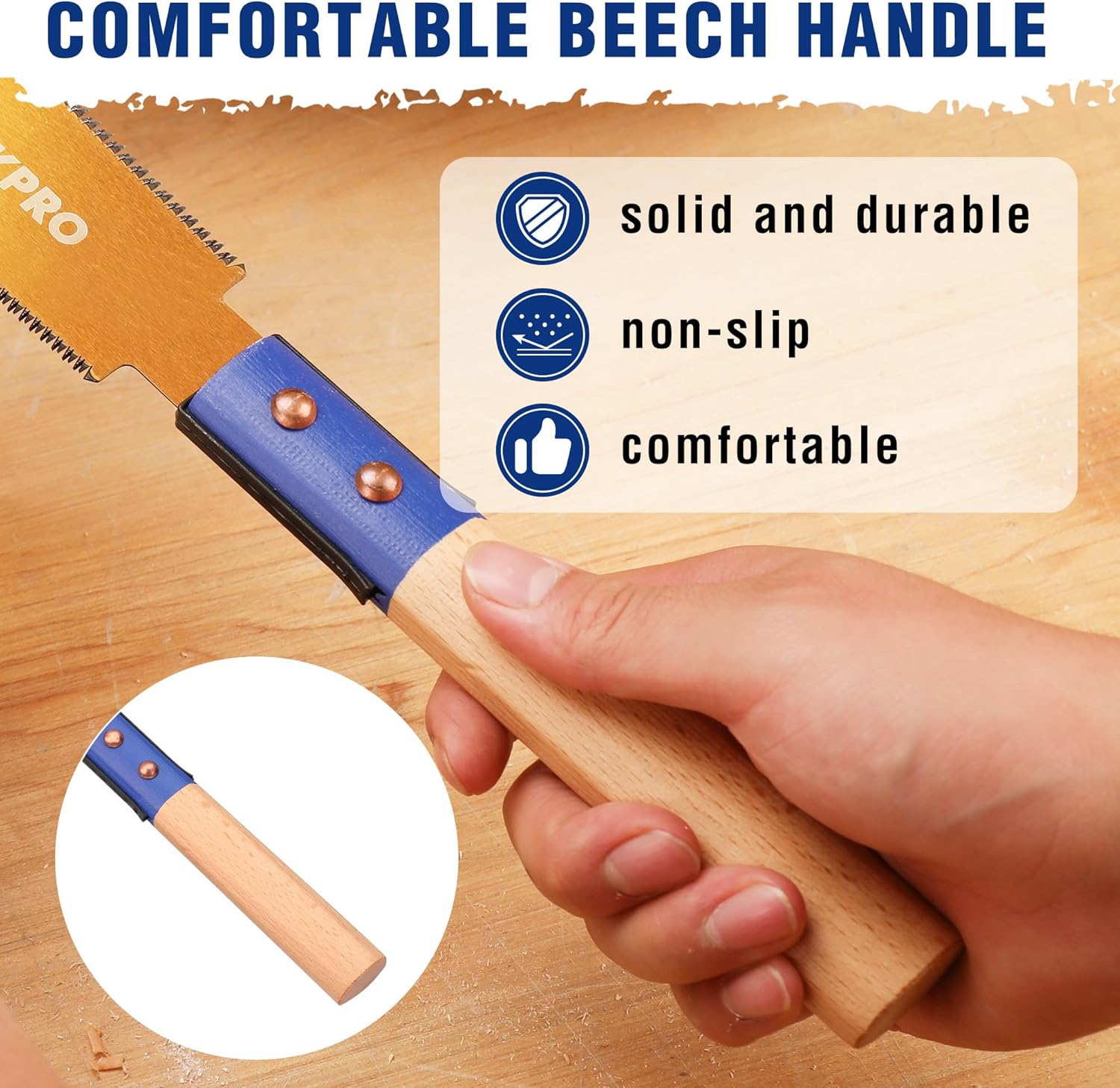 Japanese pull saw with blue beech handle and non-slip grip, SK5 blade for wood cutting