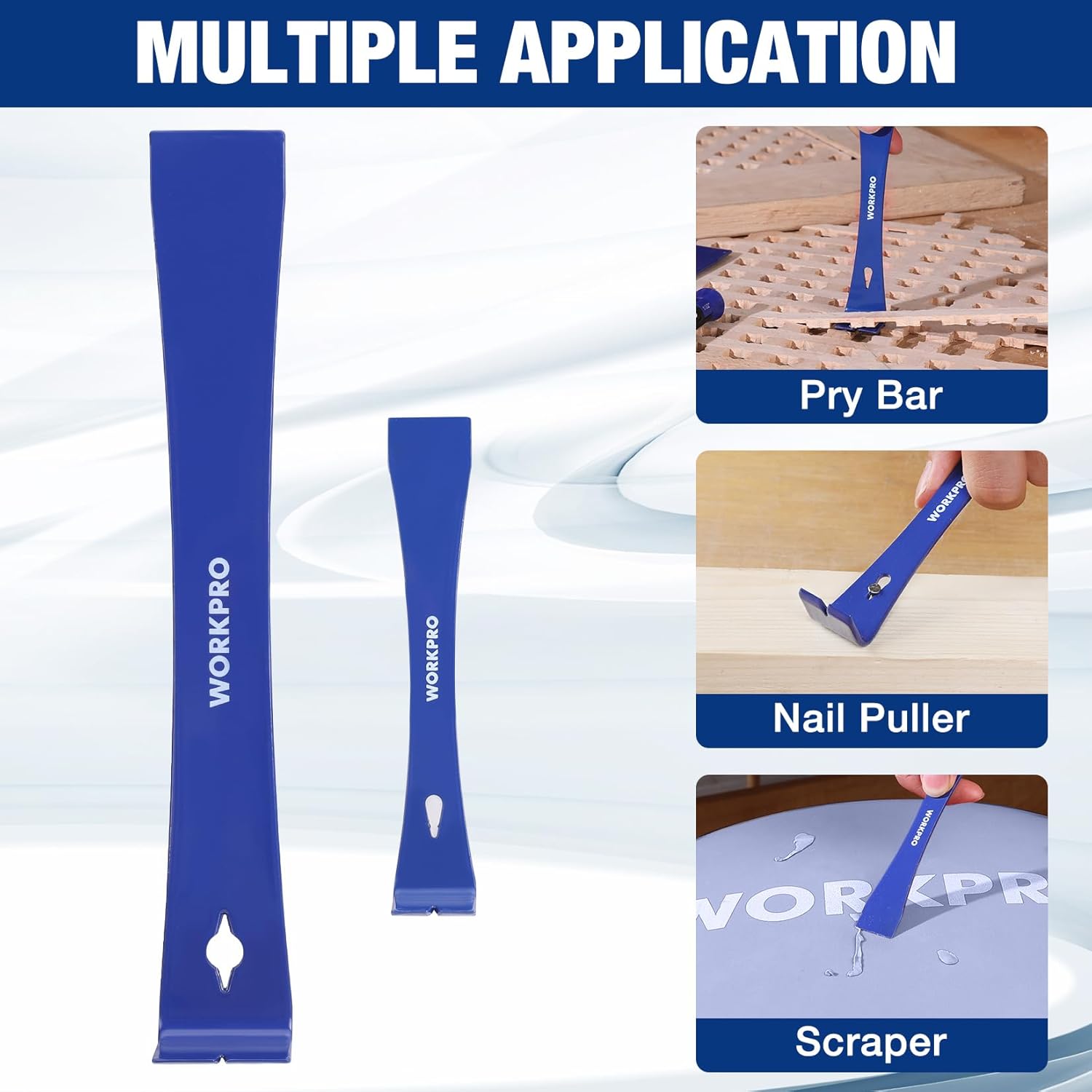Blue utility claw bar with pry, nail puller, and scraper tool ends