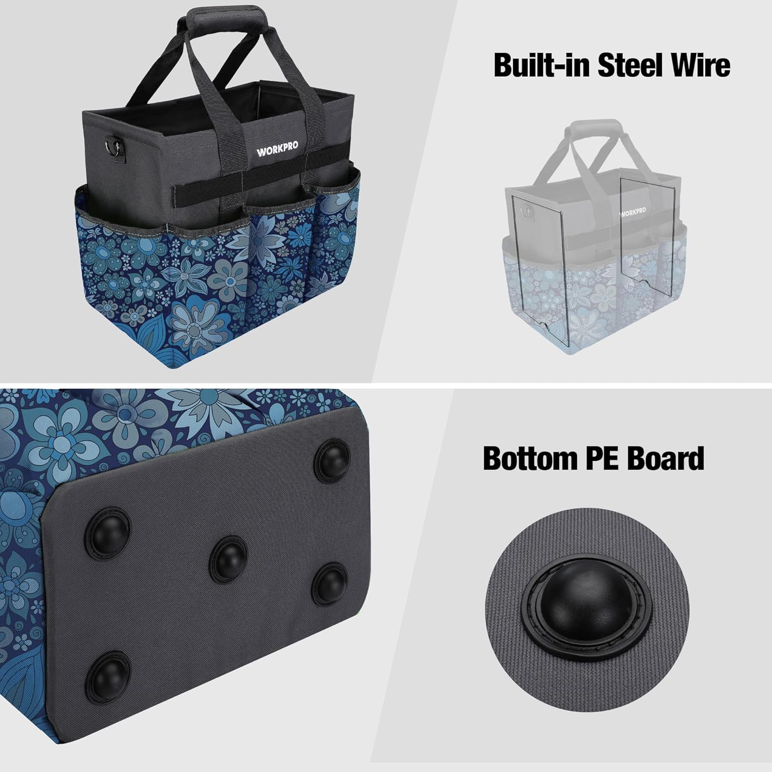 Floral blue tool tote with built-in steel wire frame and reinforced bottom PE board.