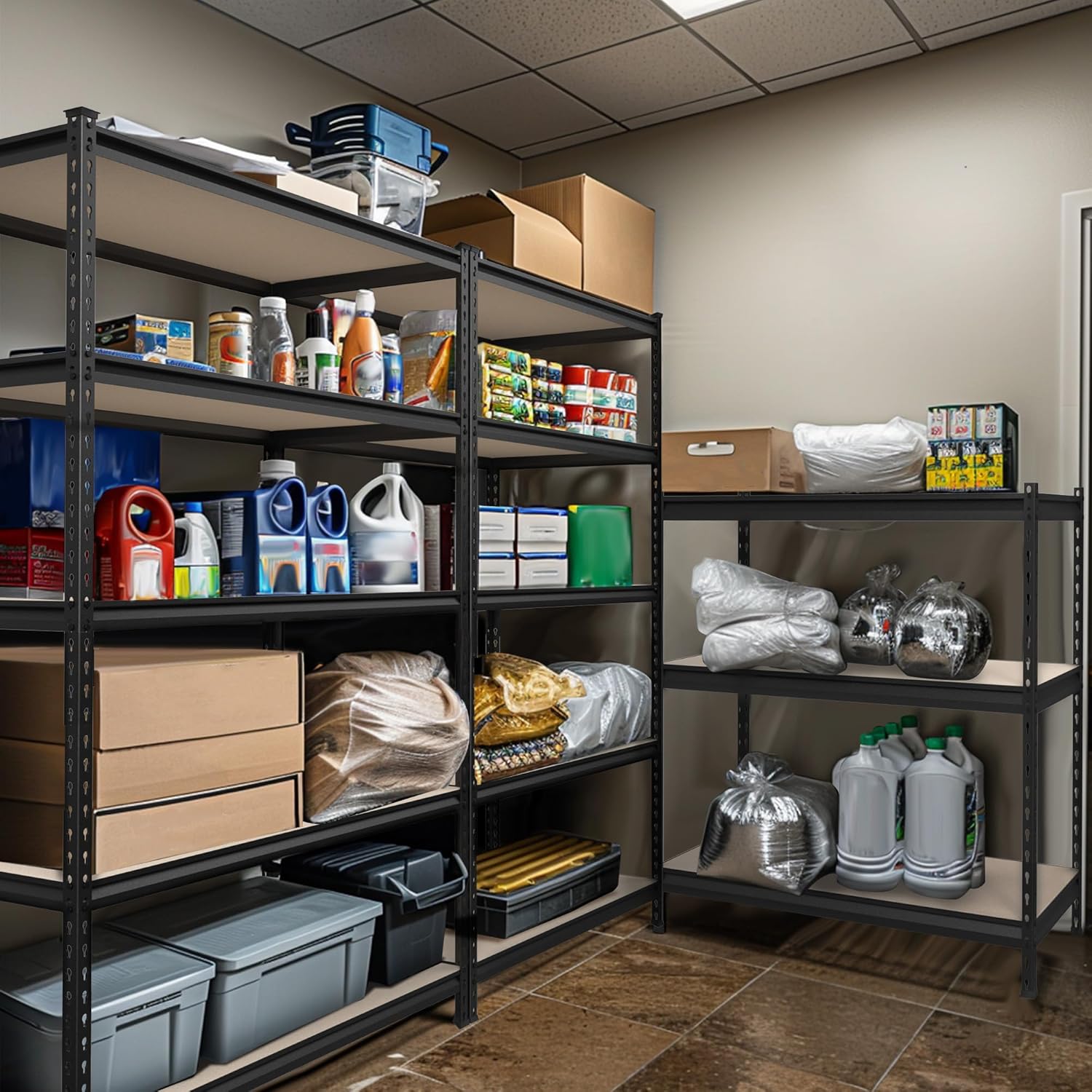 5-tier storage shelving unit with steel frame and particle board shelves, organized storage