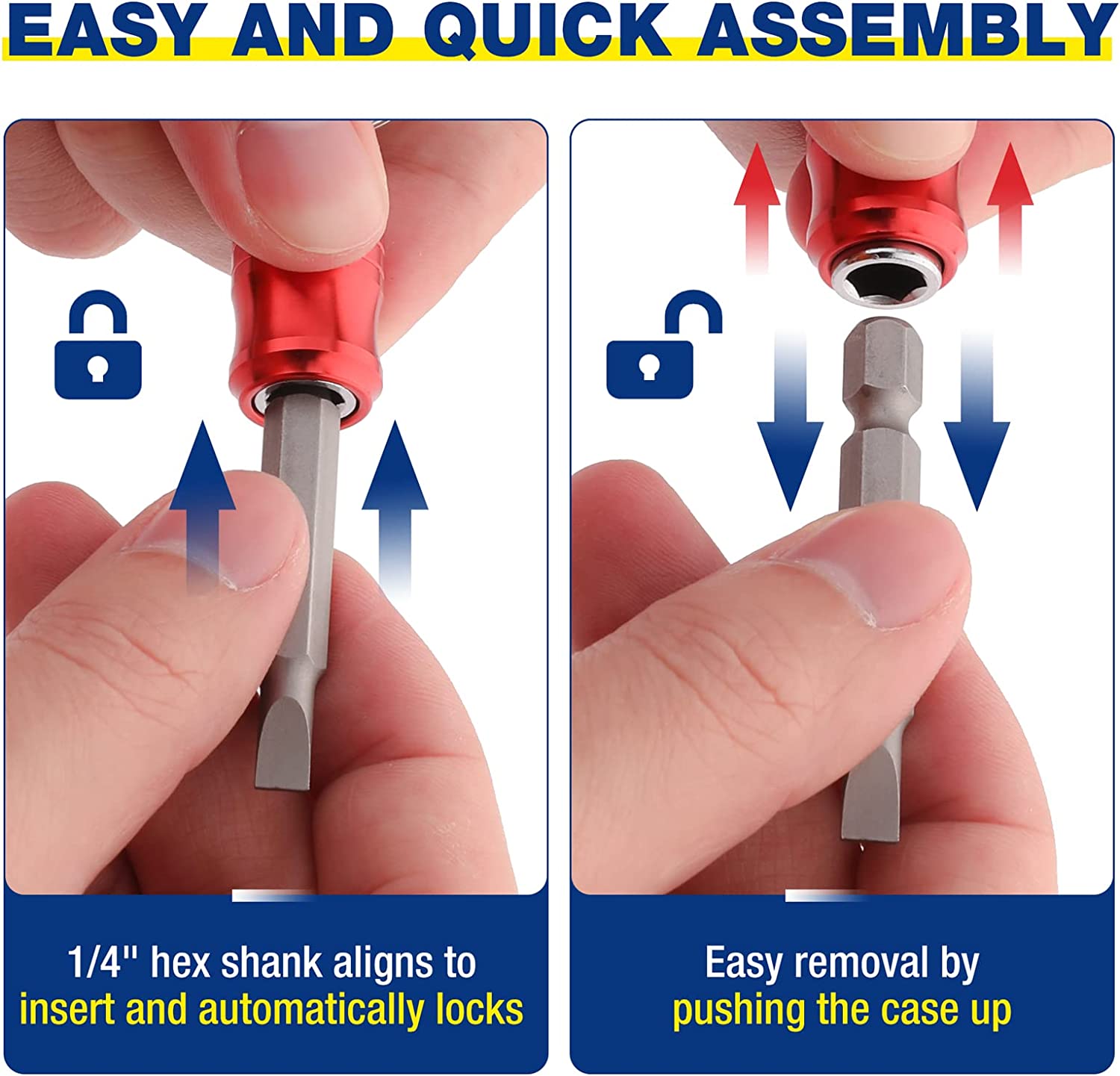 Red 1/4-inch hex bit holder inserts a hex shank and locks it in place