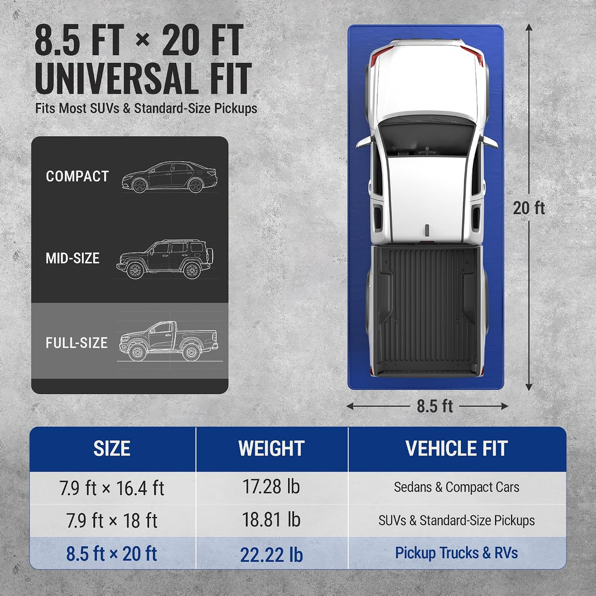 Workpro garage floor mat for under car in blue with raised edge, vehicle fit guidance, and garage floor containment