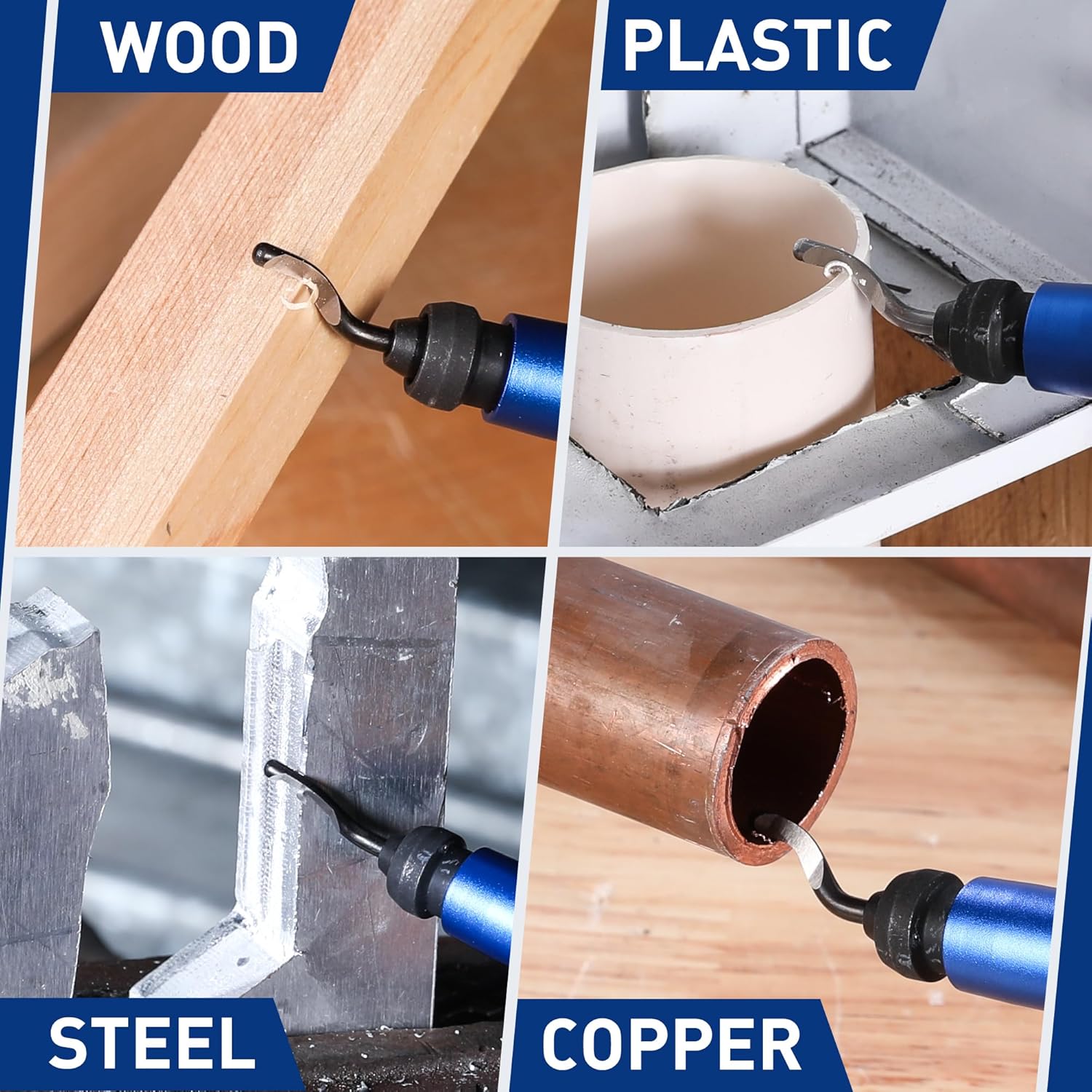 Rotary deburring tool shown on wood, plastic, steel, and copper surfaces