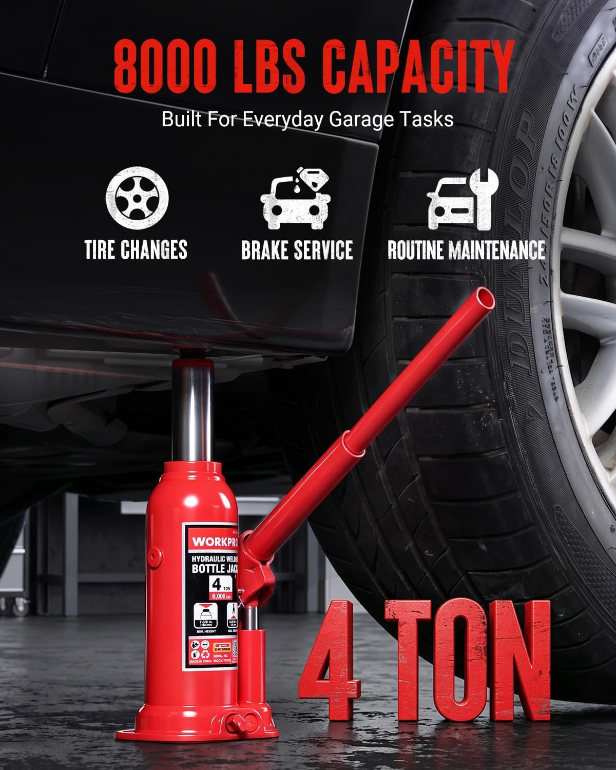 WORKPRO Bottle Jack, 4 Ton Heavy Duty Hydraulic Car Jack with Storage Case