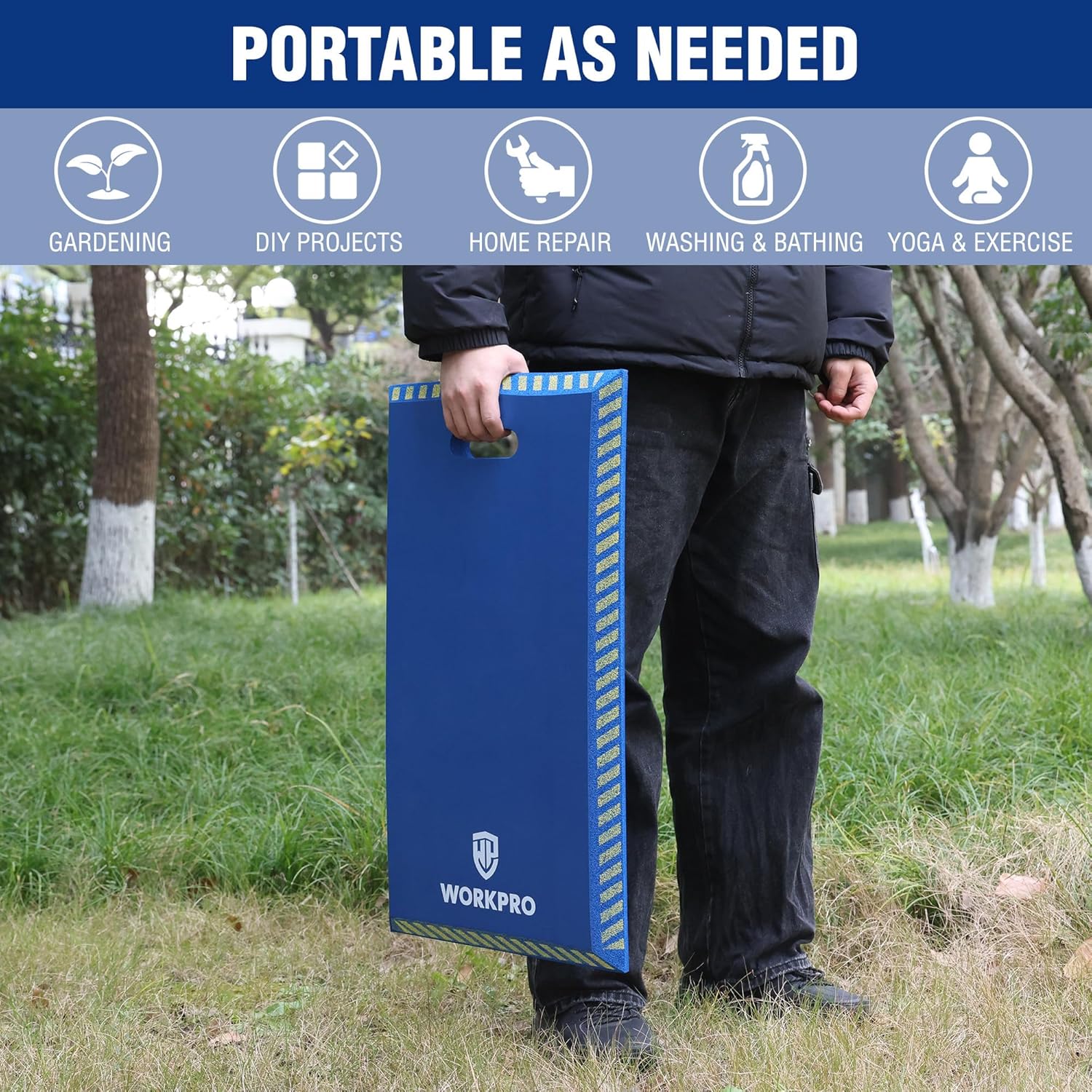 Blue portable kneeling pad with handle cutout and yellow non-slip edge ridges.