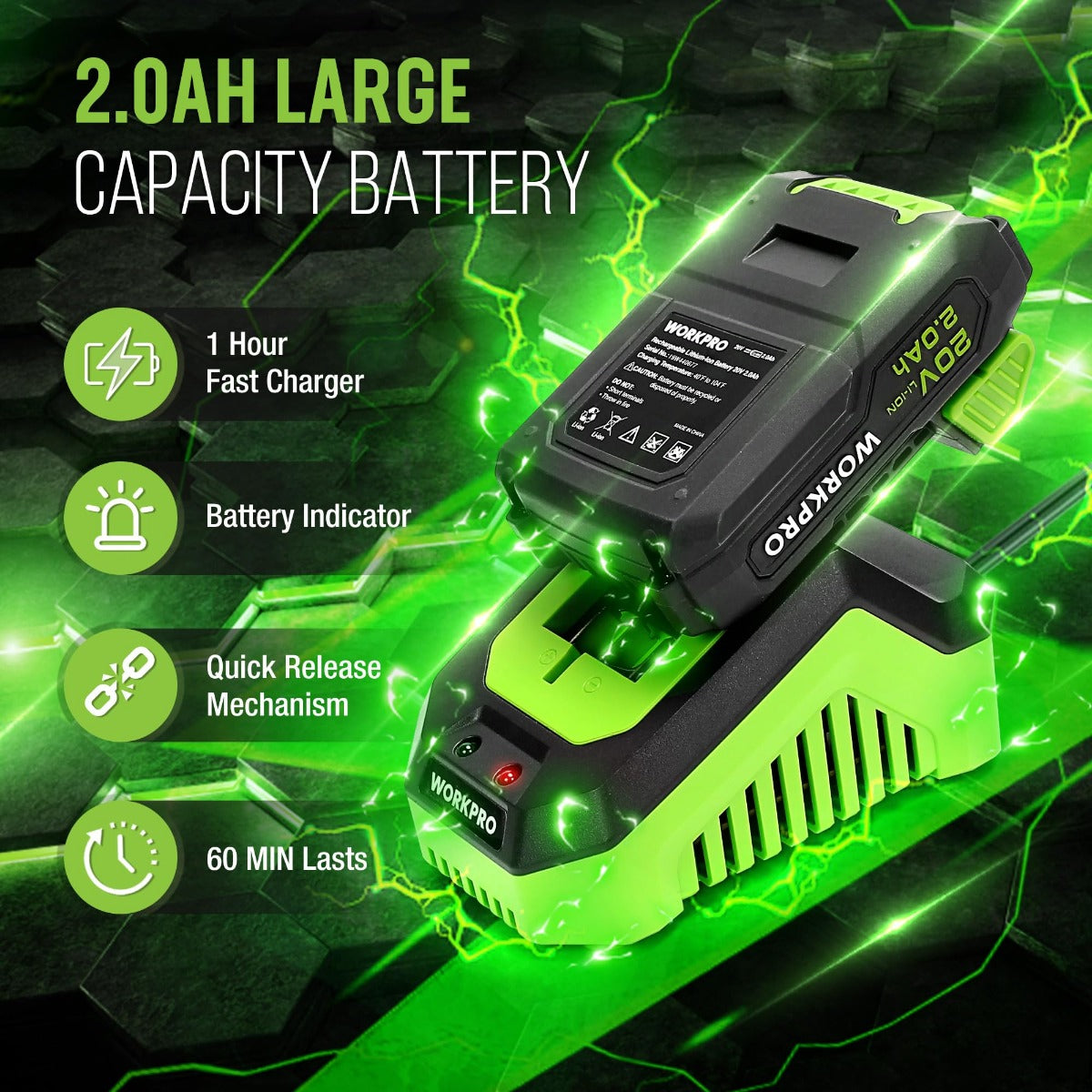 20V 2.0Ah Li-ion battery pack for WORKPRO cordless hot glue gun with indicator