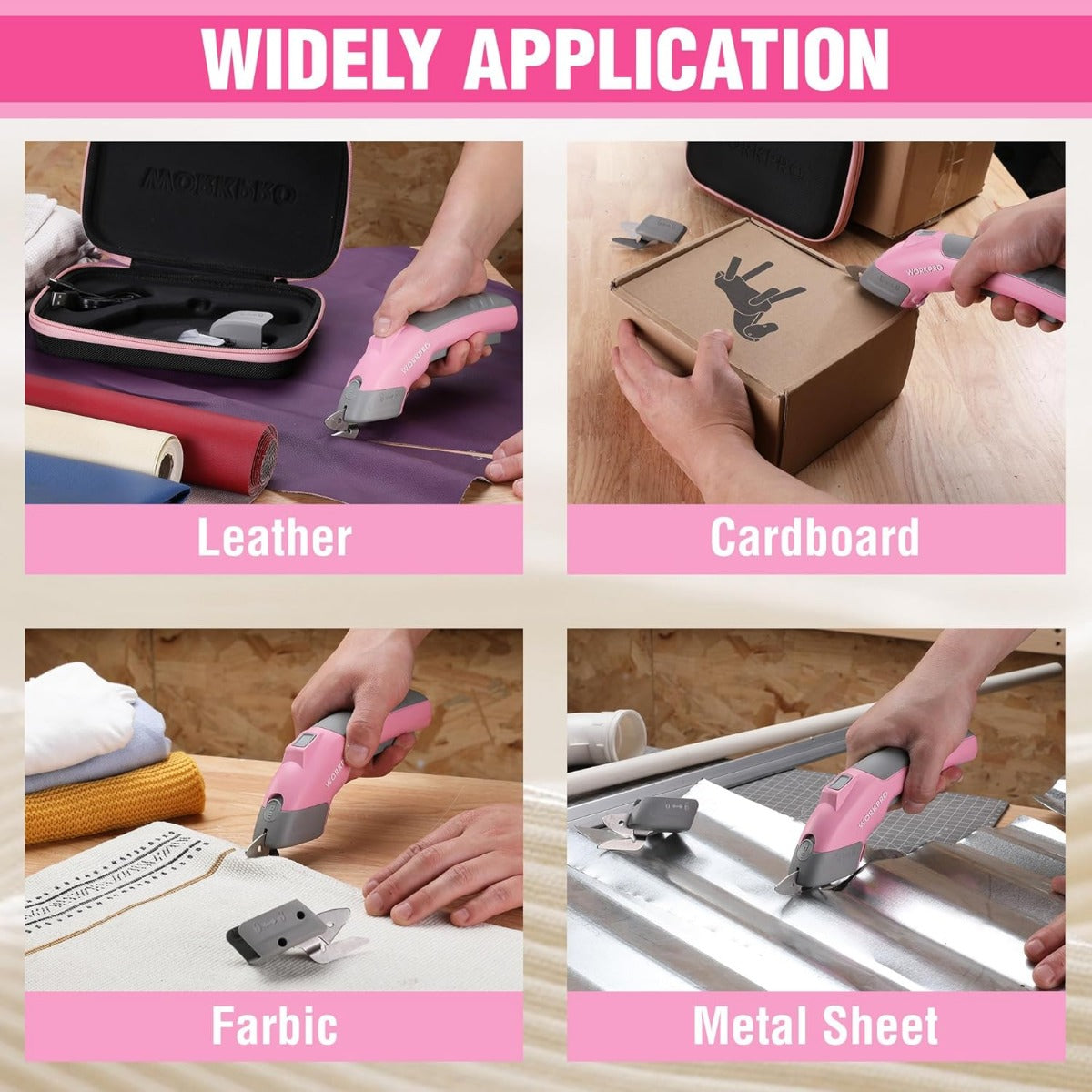 Pink cordless electric scissors cutting cardboard, fabric, leather, and metal sheet