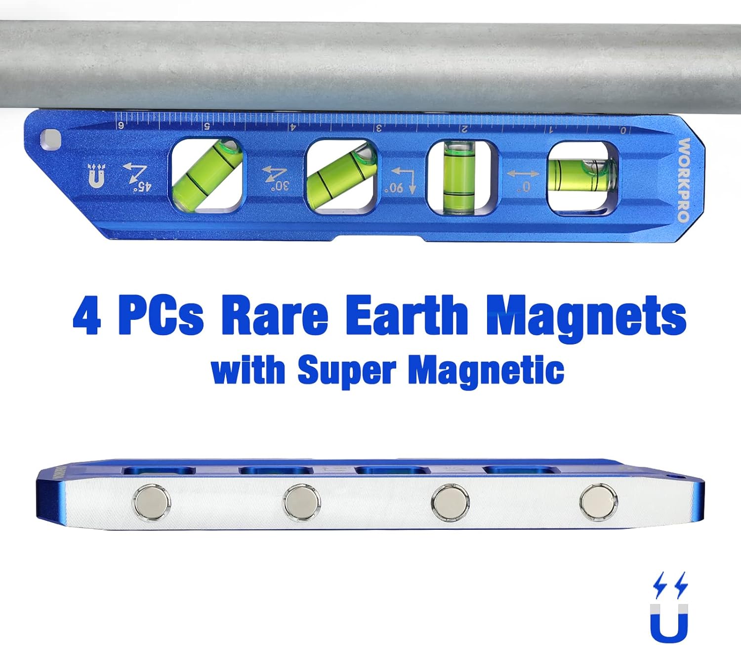 Cobalt blue torpedo level with four green bubble vials and magnetic ends