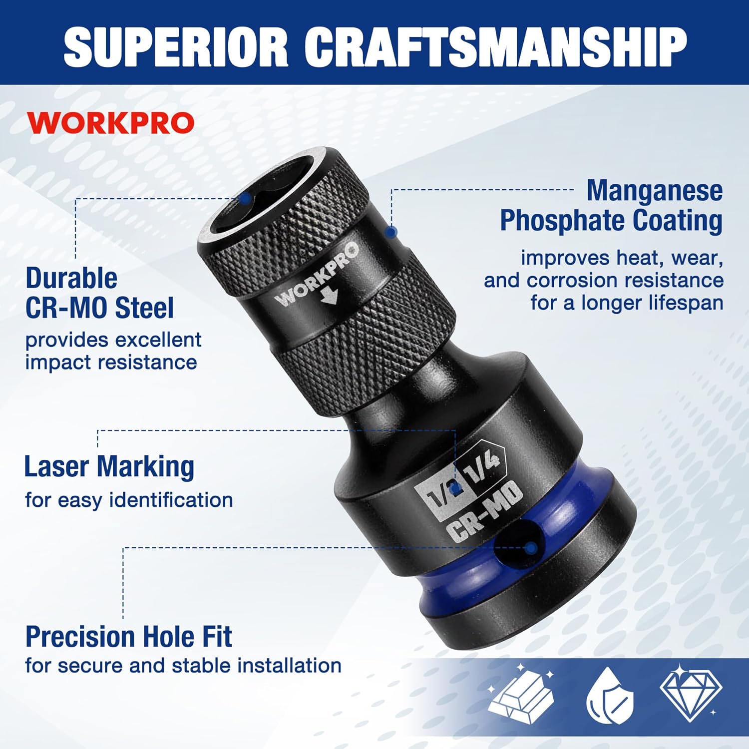 Black CR-MO steel impact socket adapter with blue ring, textured grip, precision hole fit
