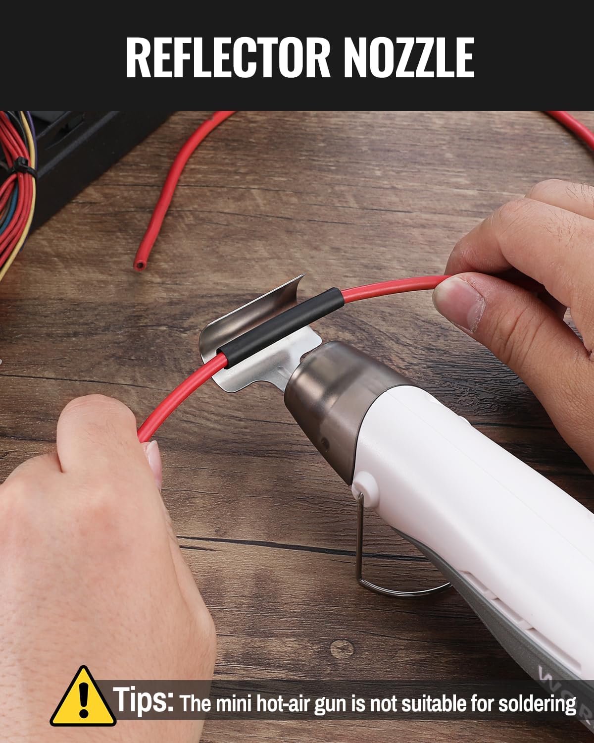 Mini cordless heat gun with reflector nozzle attachment, white handle and metal tip
