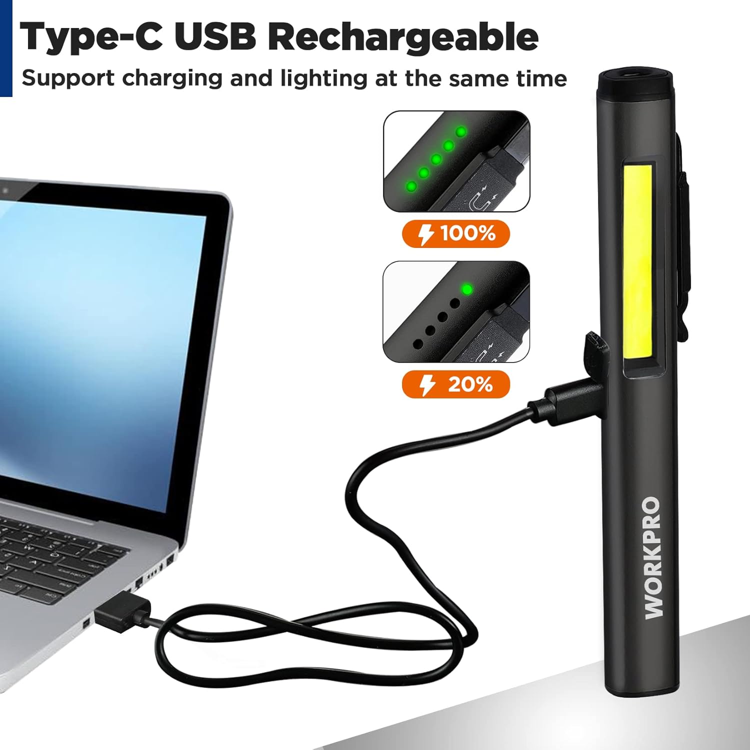 Black rechargeable pen light with Type-C charging cable and battery LED indicators