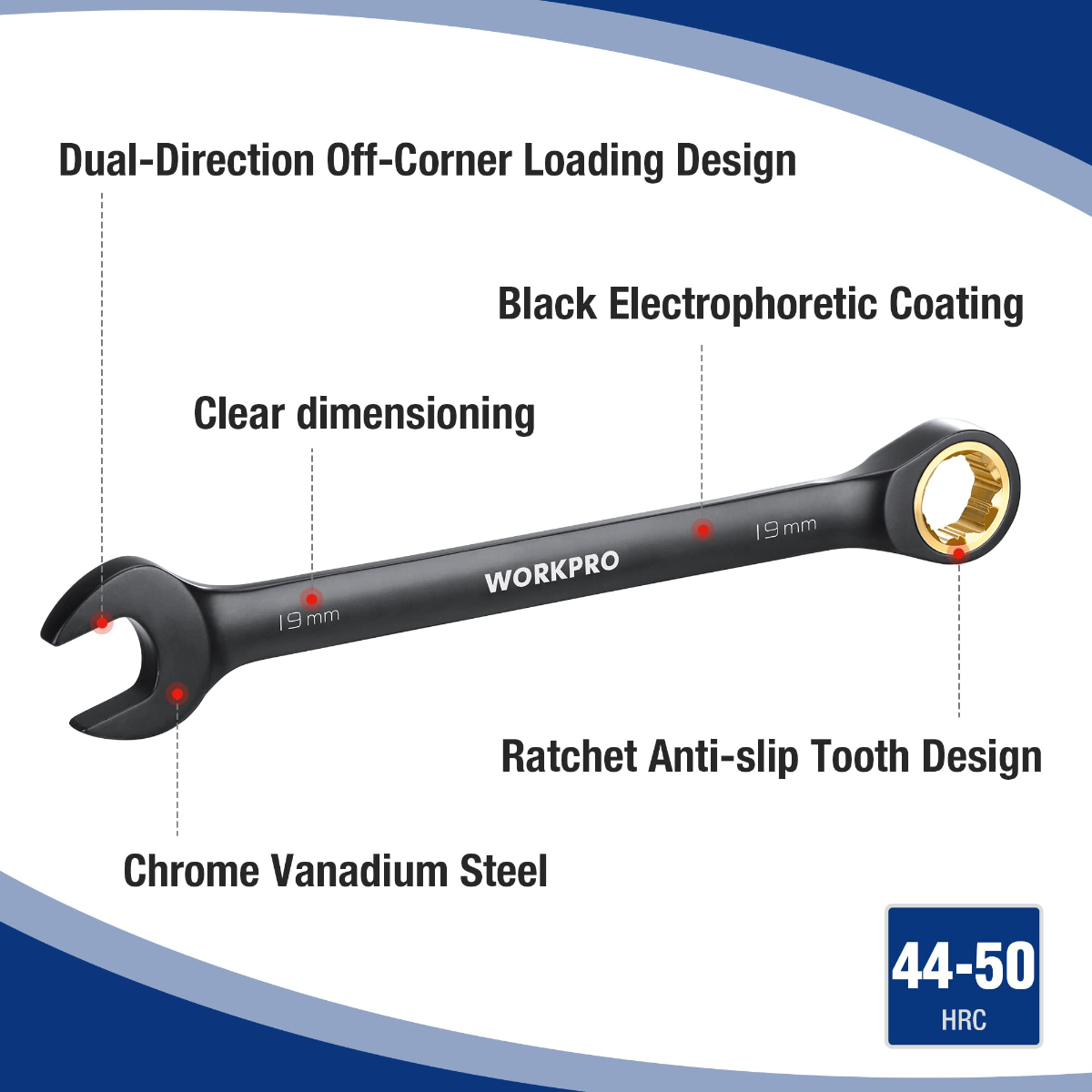 Black ratcheting combination wrench, 19 mm, anti-slip toothed head
