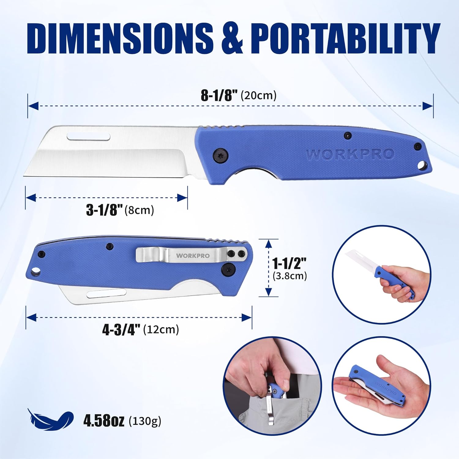 Blue folding utility knife shown with side profile and pocket clip