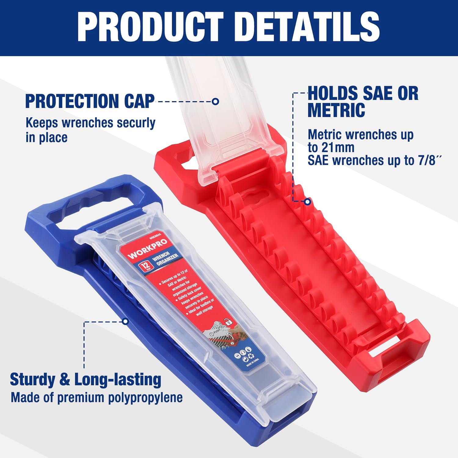 Red and blue wrench holder trays with protection caps for SAE or metric wrenches