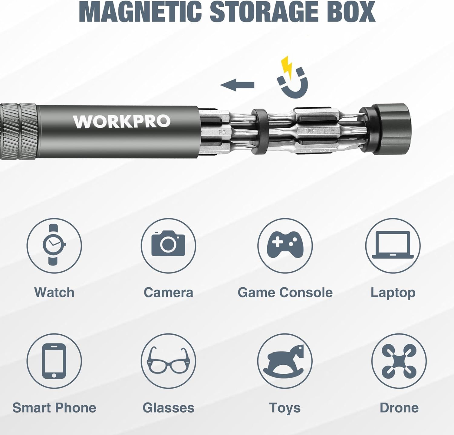 WORKPRO magnetic bit driver with multiple interchangeable screwdriver heads