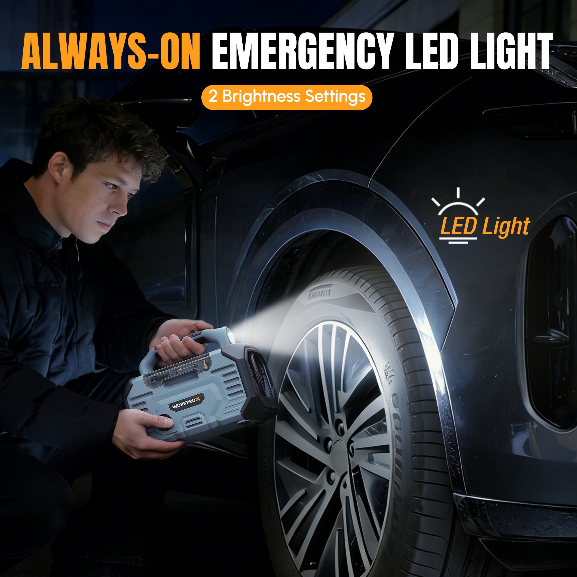 Portable air compressor with built-in LED light and front control panel.