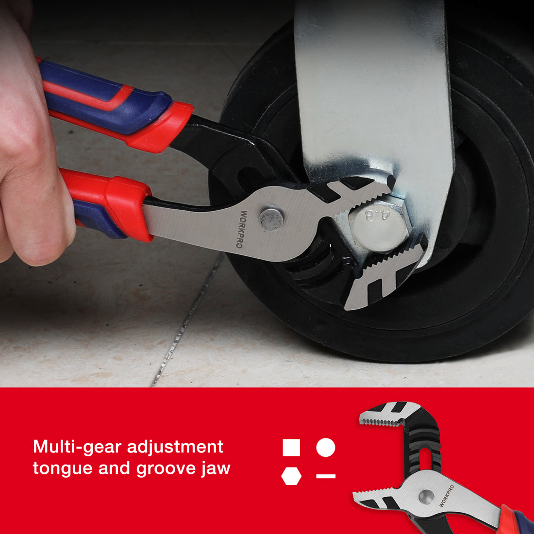 WORKPRO adjustable pliers gripping a metal pipe fitting with serrated groove jaws