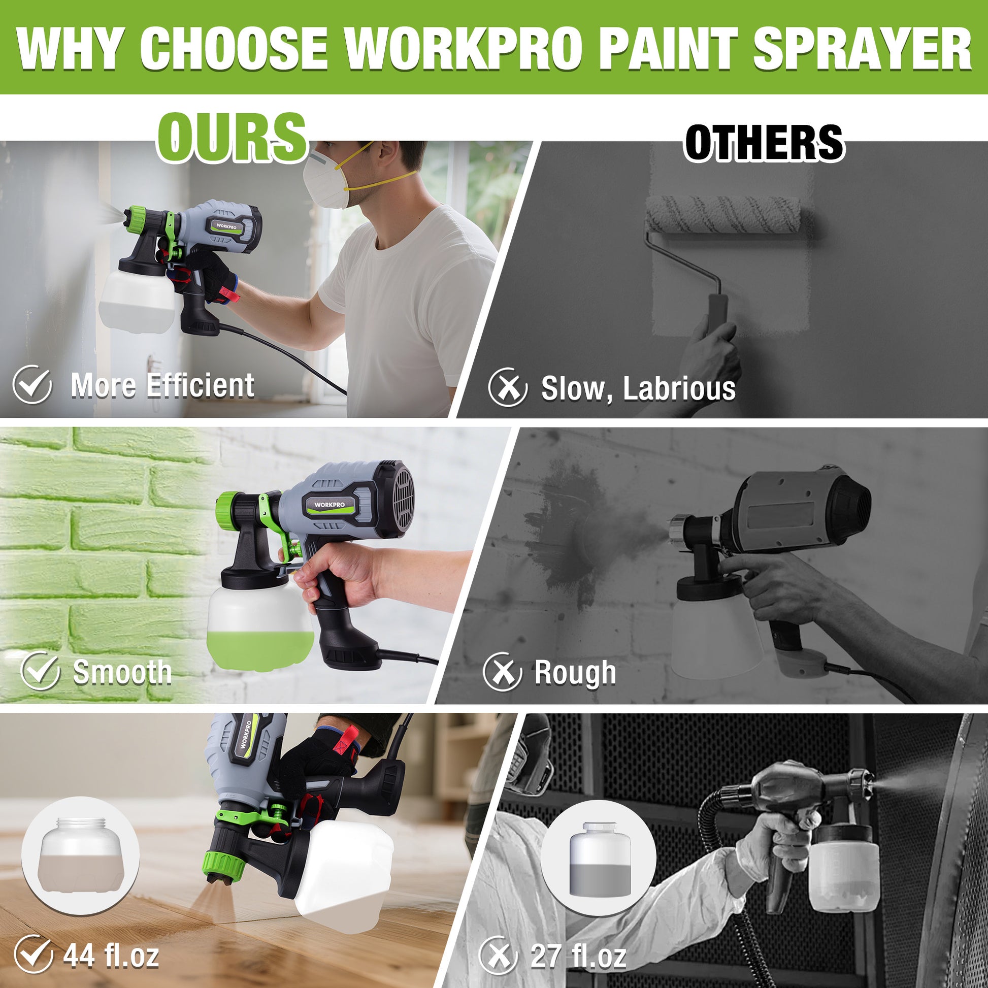 HVLP paint sprayer comparison graphic with smooth spray and fast, even coverage